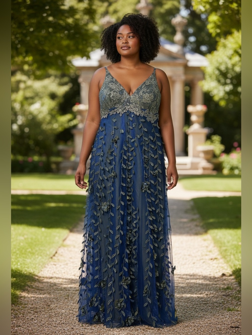 Mon Chére Evening Gown Floral Fairy Blue Green Shimmer Metallic Applique Size 10
